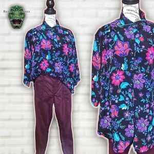 Vintage 1980’s Colorful Twee Oversized Floral Button Up Shirt Blouse, Plus Size